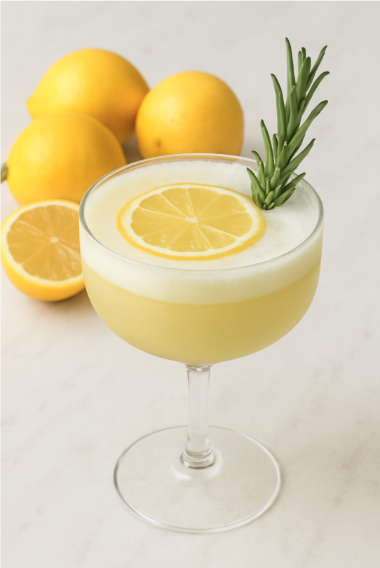 Gelber Rosmary & Lemon Sour Cocktail in einem Glas verziert mit einer Zitronenscheibe und einem Rosmarin-Zweig vor Zitronen