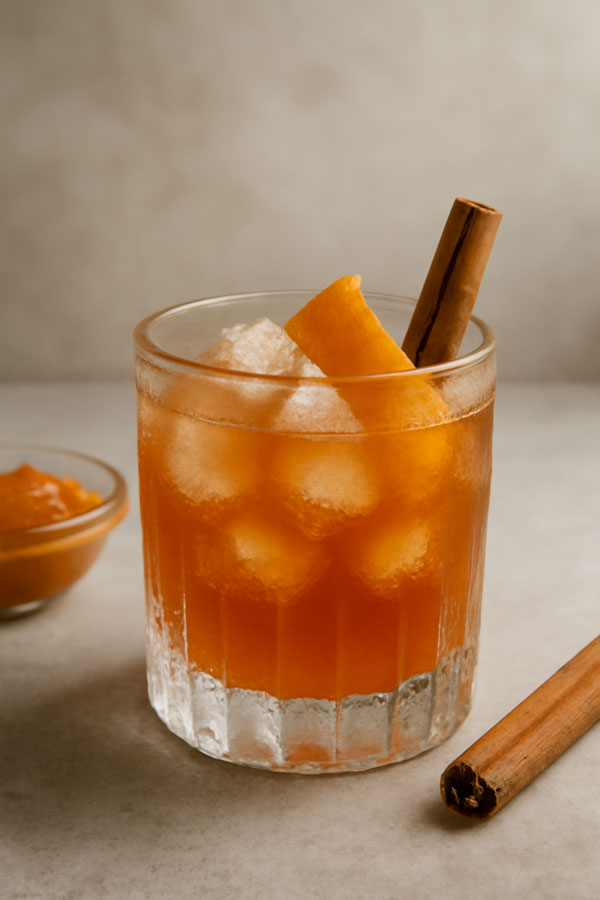 Bowmore Spiced Pumpkin Old Fashioned im Glas garniert mit Orangenzeste und Zimtstange, daneben steht ein Schälchen mit Kürbispüree und eine Zimtstange