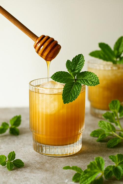 Bowmore Honey & Herb Smash Cocktail mit Eiswürfel und Minze, in den gerade Honig geträufelt wird
