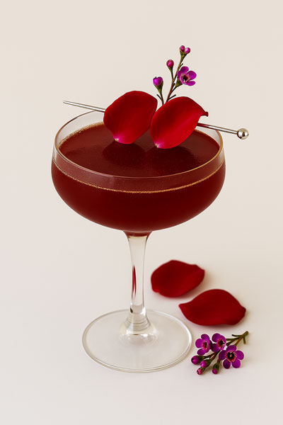 Bowmore Rose Fizz Cocktail im Glas verziert mit Blumen auf einem Tisch