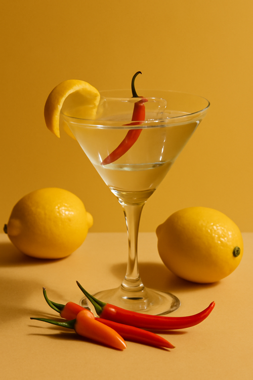 HAKU Chili Martini mit einer Chili und Zitronenzeste, daneben liegen 3 Chilis und 2 Zitronen vor einem gelben Hintergrund
