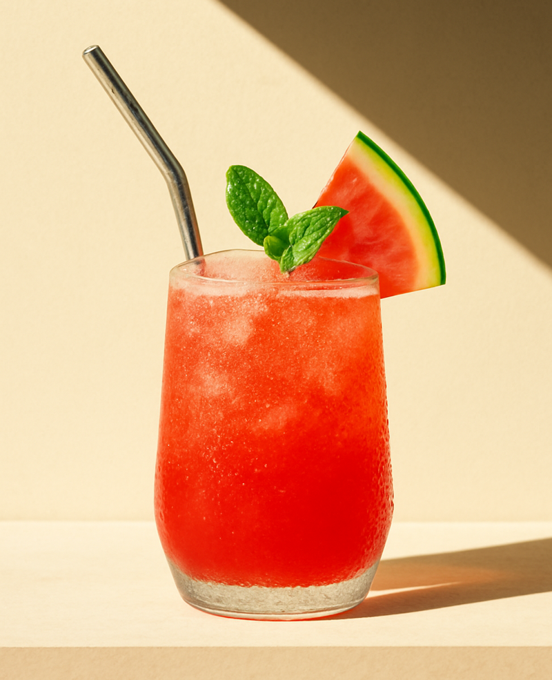 Roter Haku Velvet Sunset Cocktail in einem Glas, garniert mit Minzblättern und einer Melonenscheibe