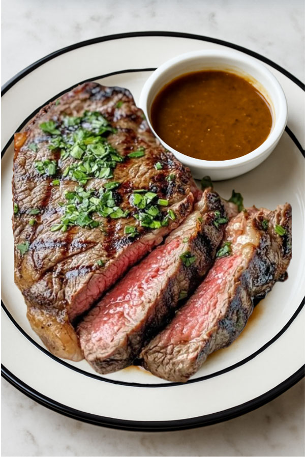 Ein medium gebratenes Steak Kräuter neben einem Schälchen BBQ-Soße zusammen auf einem Teller.