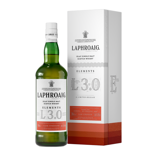 Eine volle Flasche Laphroaig Elements 3.0 neben der Verpackung