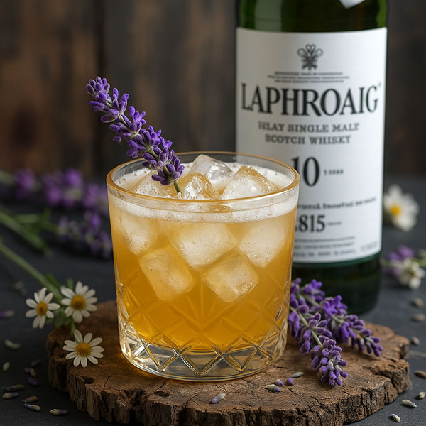 Laphroaig Lavender Sour Cocktail im Glas und der Laphroaig Flasche im Hintergrund