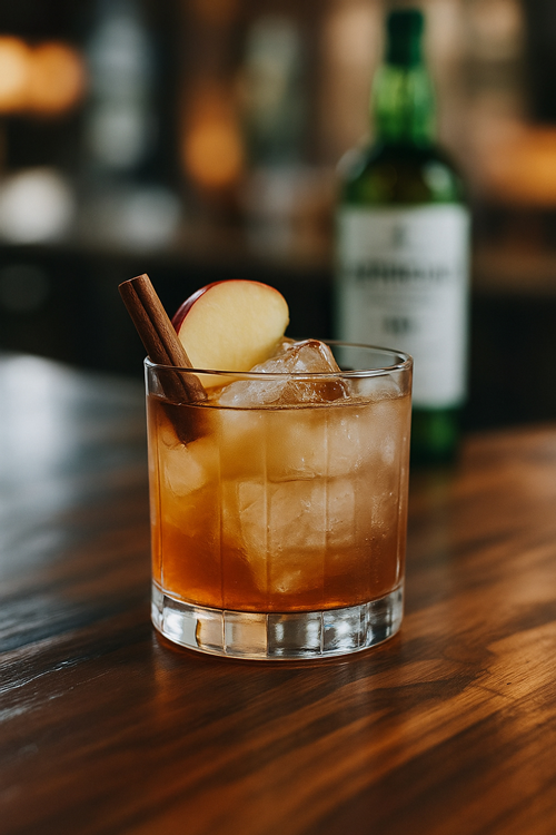 Laphroaig Smoked Apple Sour Cocktail mit Eiswürfeln garniert mit Zimtstange Apfelscheibe in einem Glas auf einem Holztisch