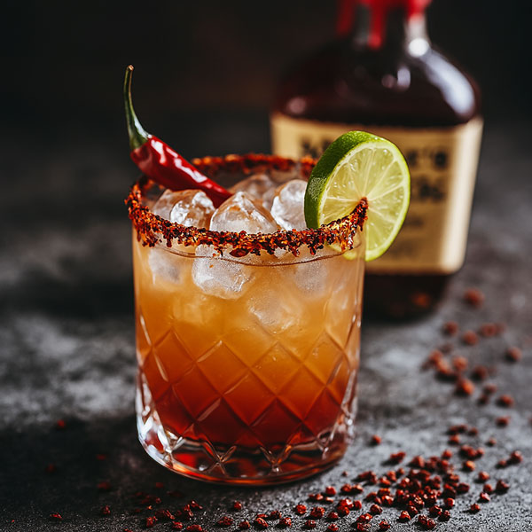 Maker's Mark Coacktail im Glas mit Eis, Limette und Chili