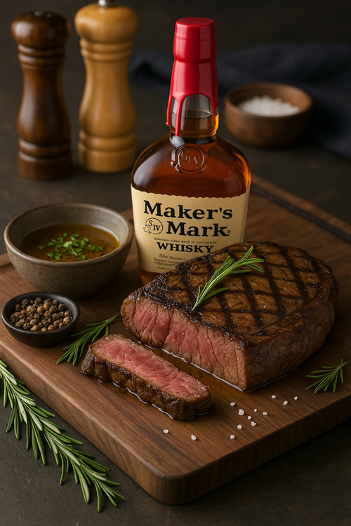 Ein Medium gebratenes Steak neben Schüsselchen mit Pfefferkörnern und BBQ Soße und einer Flasche Maker's Mark auf einem Holzbrett dekoriert mit Rosmarinzweigen