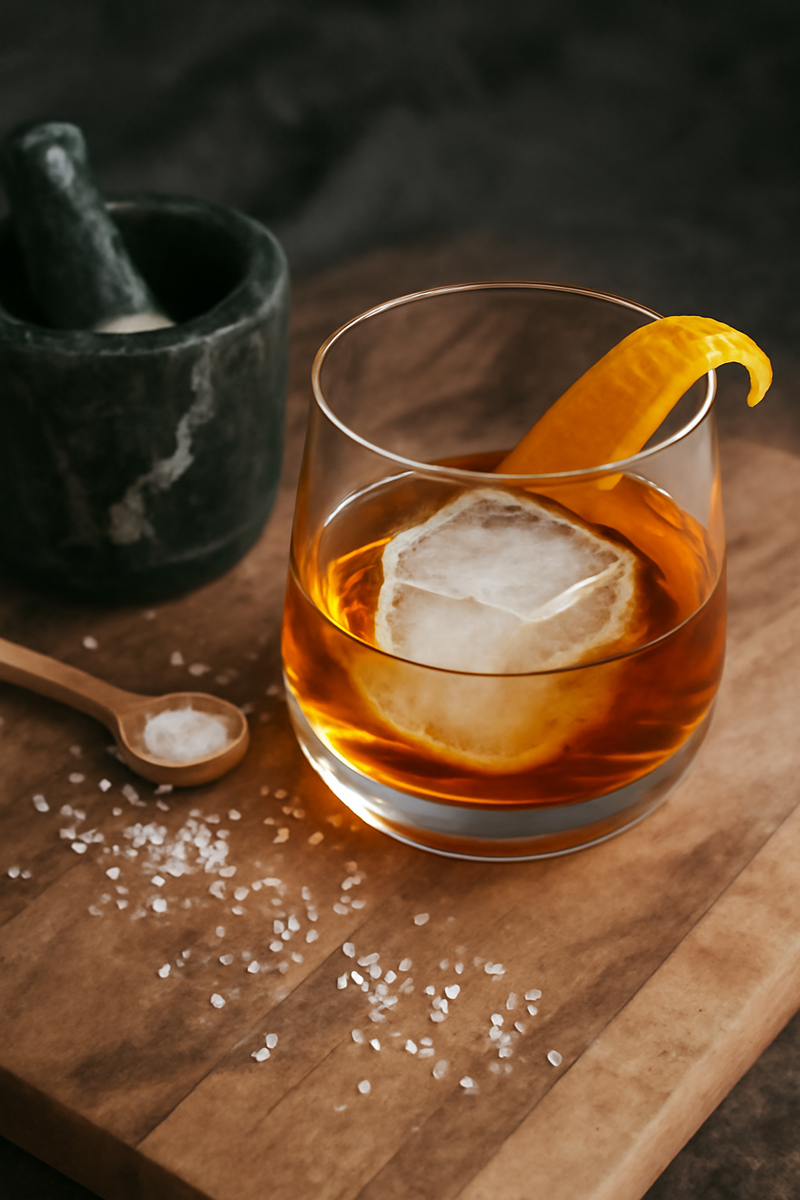 Smoky Maple Old Fashioned Cocktail im Glas mit Eiswürfel und Orangenzeste neben einem Löffel mit Salzkristallen und einem Mörser auf einem Holztisch