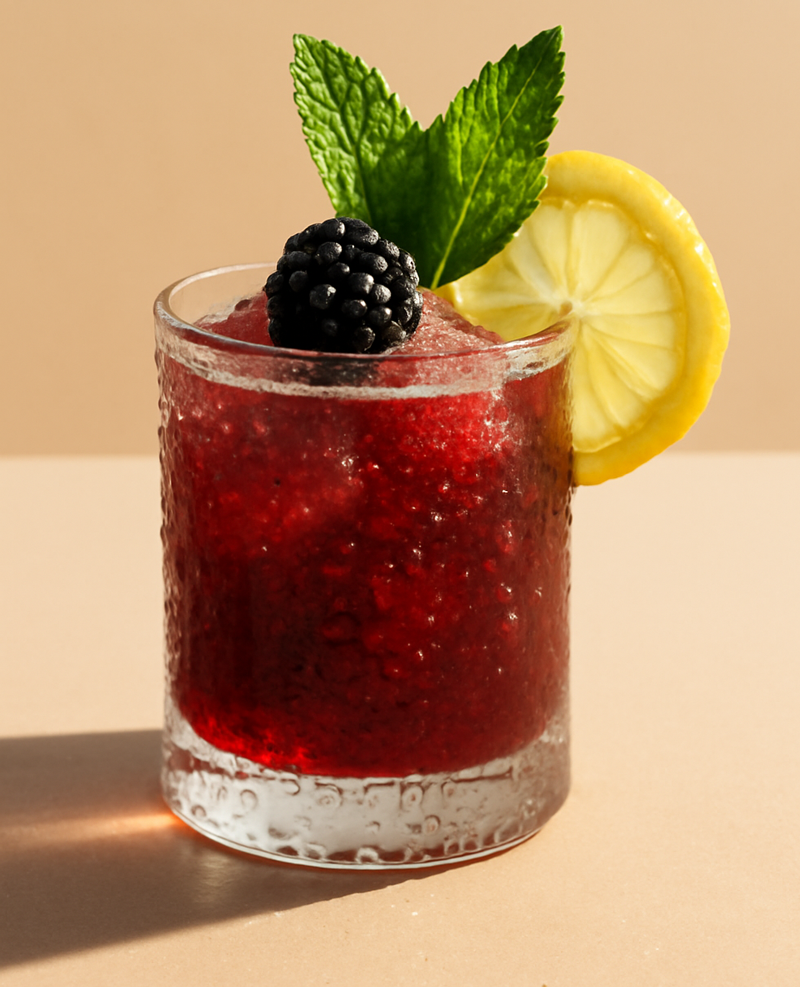 Maker’s Mark Sunset Smash Coacktail, ganriert mit einer Brombeere, 2 Minzblättern und einer Zitronenscheibe