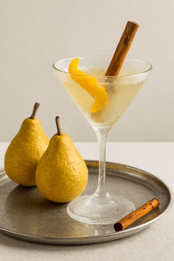 Roku Gin Spiced Pear Martini im Glas, garniert mit Zimtstange und Birnenscheibe, zusammen mit 2 Birnen und einer Zimtstange auf einem Metalltablett