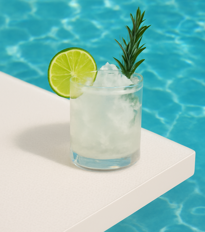 Roku Beach Breeze Cocktail mit Eis im Glas, garniert mit einem Rosmarin-Zweig und Limettenscheibe, am Rand eines türkisblauen Pools