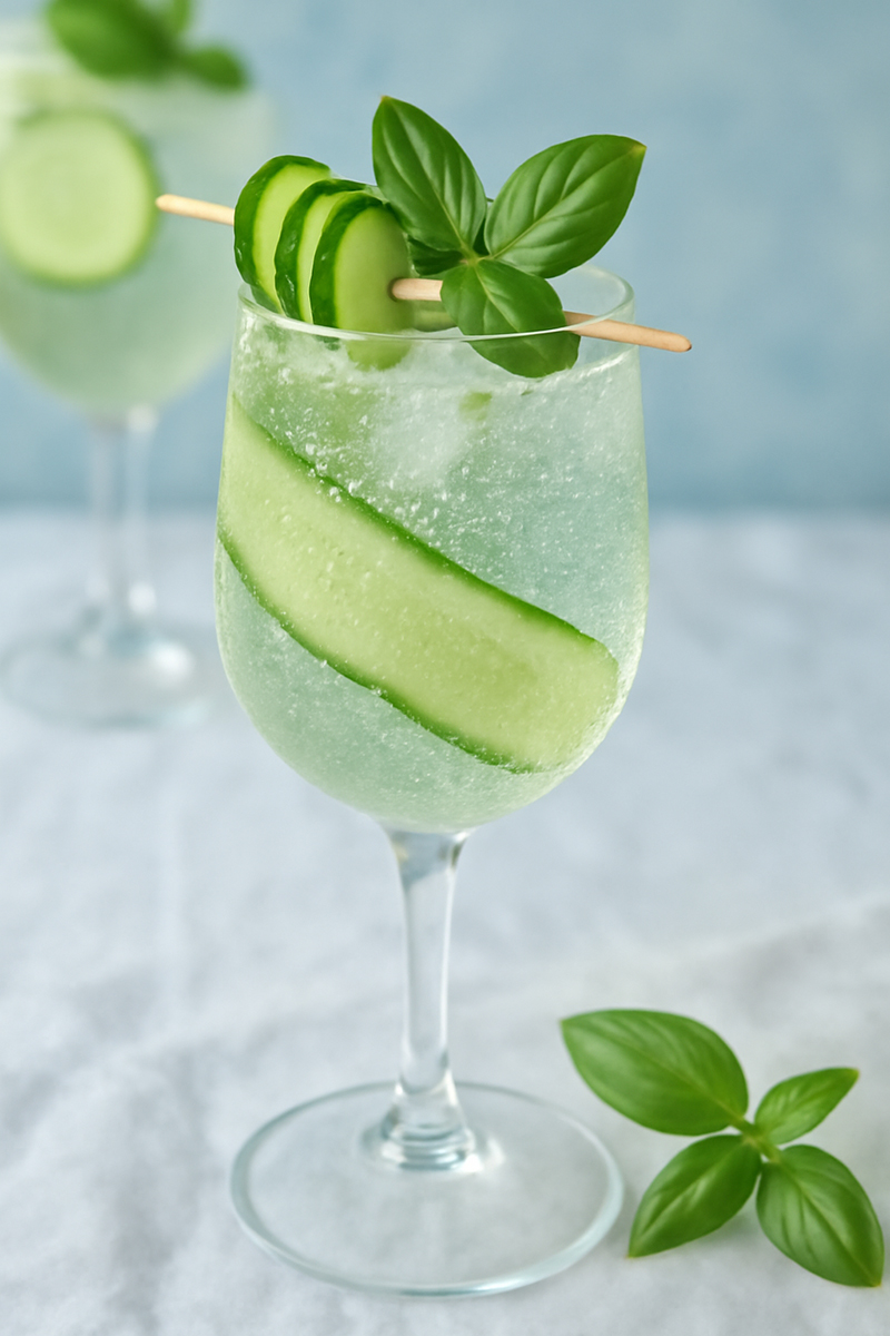 Cucumber&Basil Gin Fizz Cokctail im Weinglas verziert mit Gurkenscheiben und Basilikum, neben einem Zweig Basilikum
