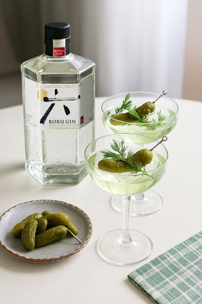 Roku Gin Flasche mit zwei Coacktails in Gläsern und einem Teller mit Gewürzgurken
