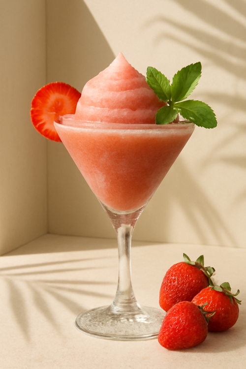 Sipsmith Frozé mit Erdebeere in einem Martiniglas, garniert mit Minzblättern und Erdbeerscheibe neben 3 Erdbeeren