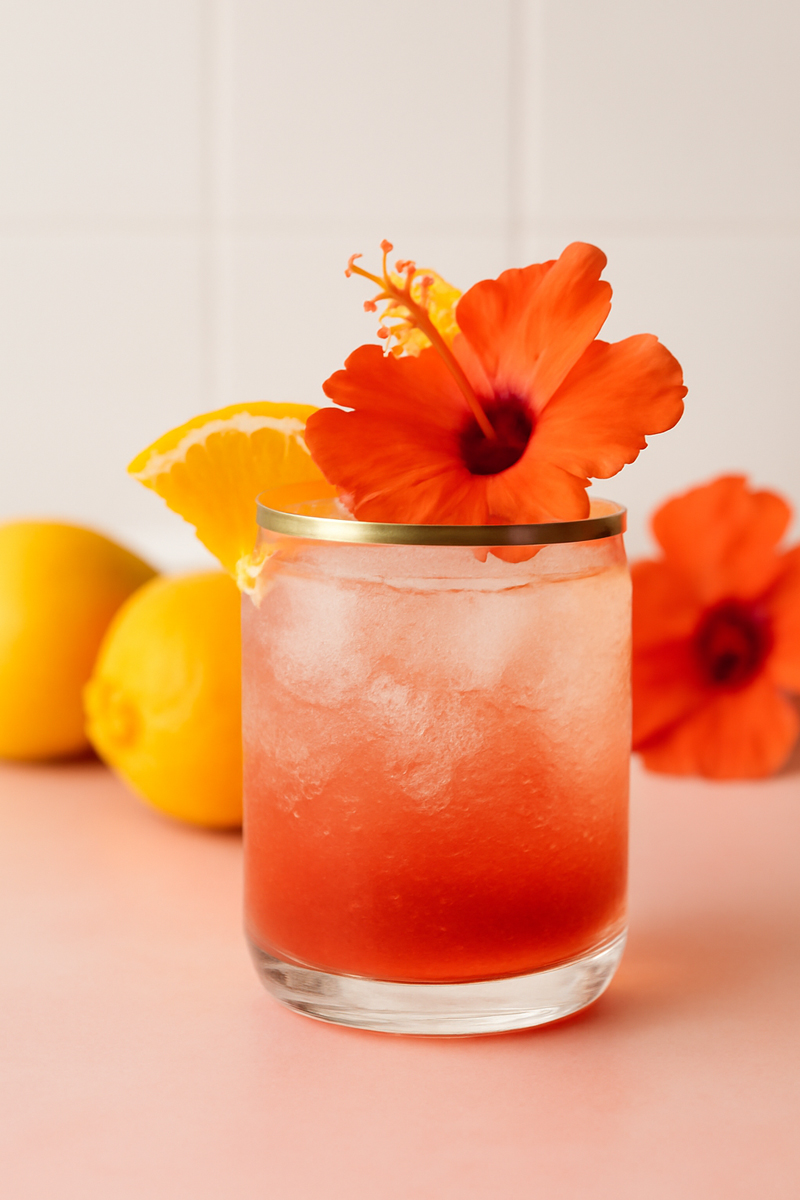 roter Hibiskus Fizz Cocktail mit crushed Eis in einem Glas, verziert mit einer Hibiskusblüte und Zitronenscheibe, vor zwei Zitronen und einer Hibiskusblüte