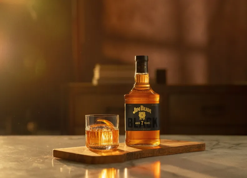 Jim Beam Black Old Fashioned whisky bottle with cocktail