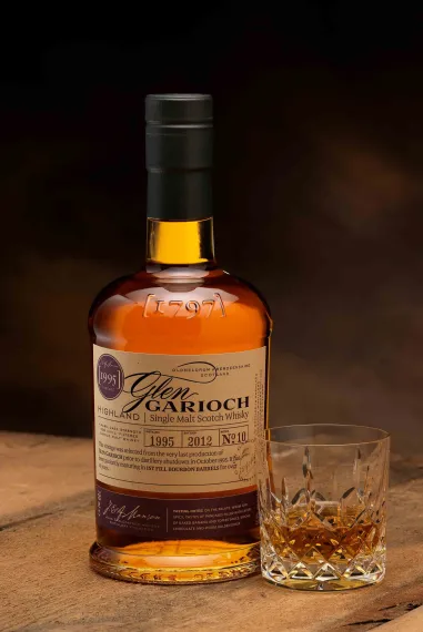 A bottle and a glass of Glen Garioch Scotch whiskey