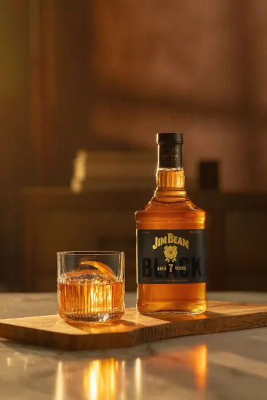 Jim Beam Black Old Fashioned whisky bottle with cocktail