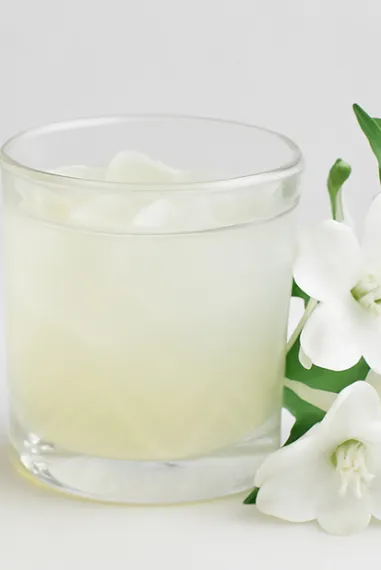 Roku Cocktail im Glas mit Eis neben einem Zweig mit weißen Blüten