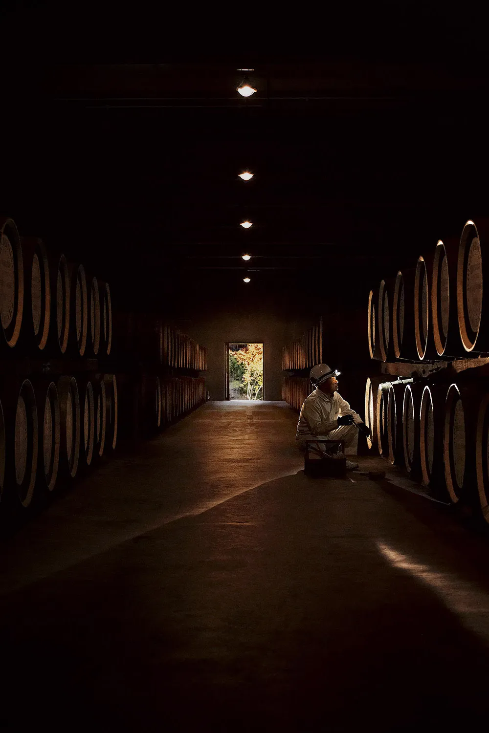 a man looking at barrels