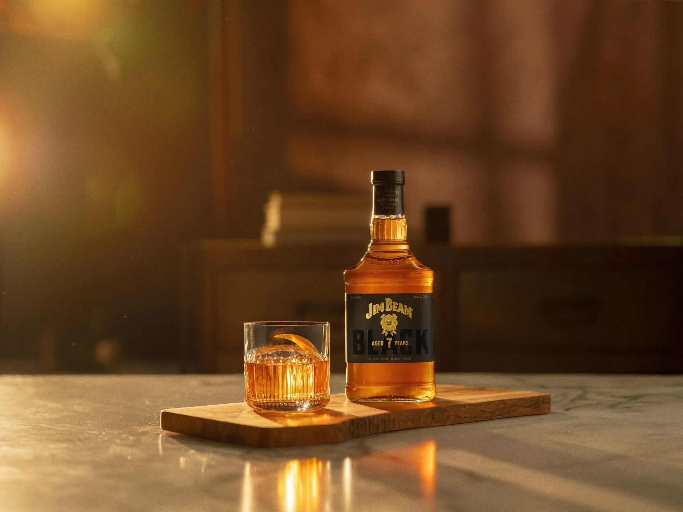 Jim Beam Black Old Fashioned whisky bottle with cocktail