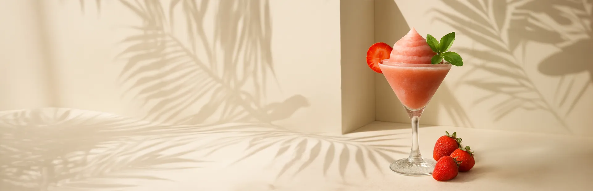 Sipsmith Frozé Coakctail im Martiniglas, garniert mit einer Erdbeerscheibe und Minzblättern, daneben liegen3 Erdbeeren